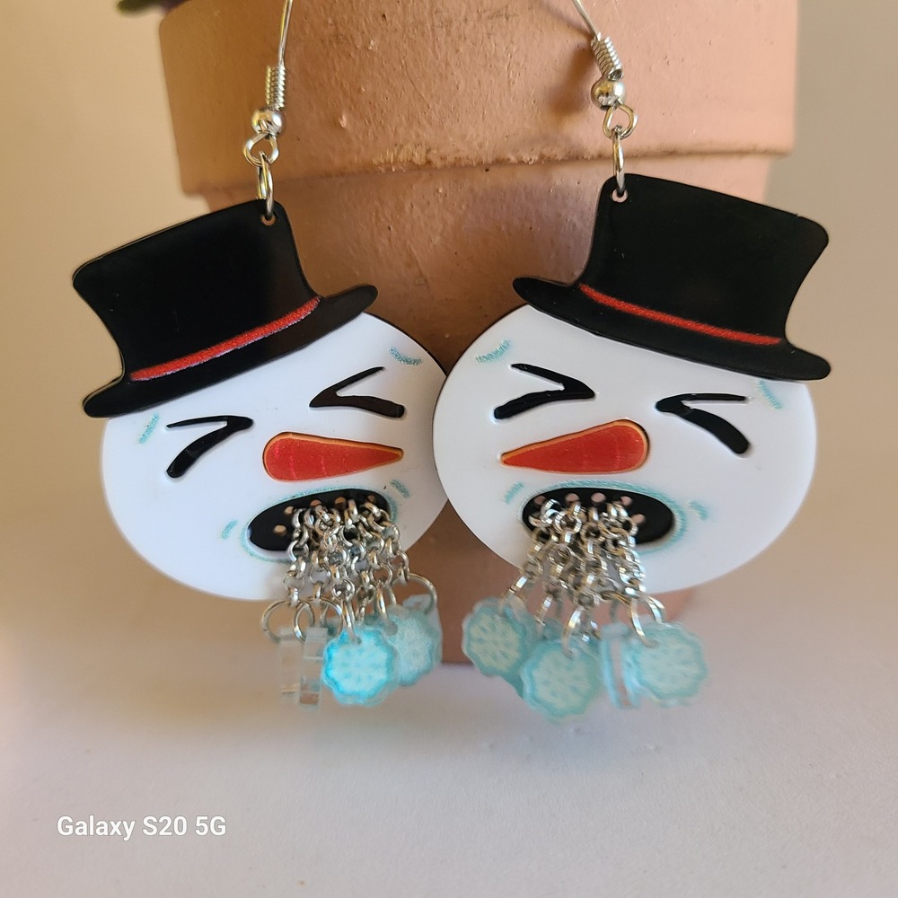 Cute Snowman Face Earrings Dangle Chandelier Snowflake Charm Winter Holiday Gift